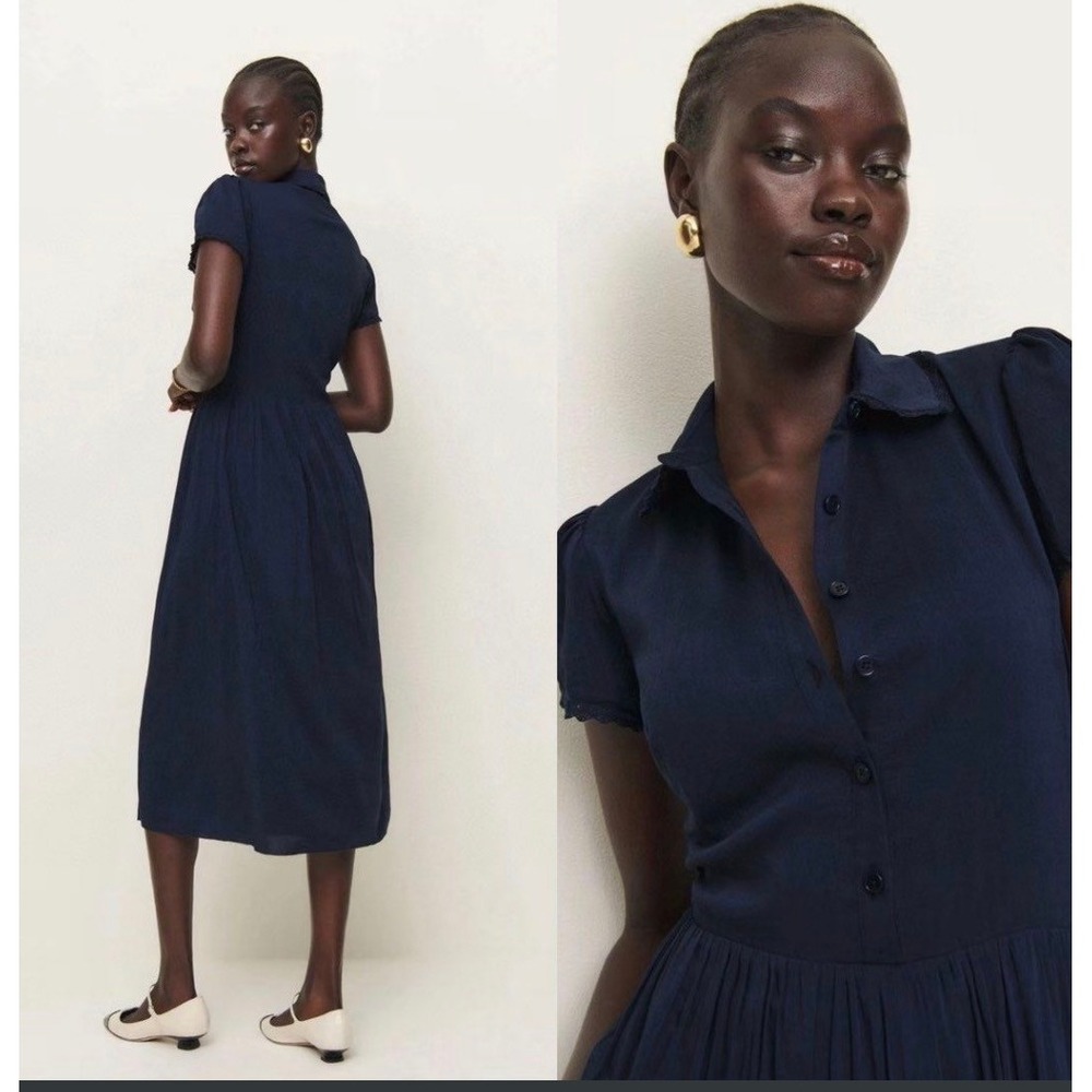 Reformation Ula Lace Midi Dress Womens 12 Navy Blue Lace Trim Short Sleeve EUC